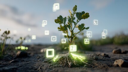 Digital data streams connect with roots of a growing seedling in dry earth