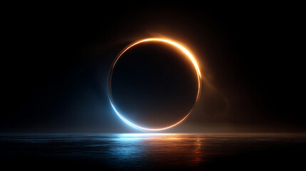 Abstract depiction of a total solar eclipse with a glowing ring of fire, vivid corona light and dark umbral shadow, animated against a deep black cosmic background.