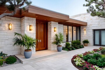 Modern luxury home entrance with stone facade and landscaping