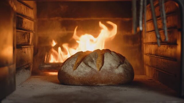 Freshly baked artisan bread sits in a blazing traditional wood-fired oven, with bright flames in the background.&nbsp;The warm, rustic atmosphere captures the essence of bakery ove