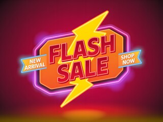 Bright neon flash sale sign with lightning bolt accents