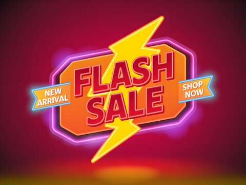 Bright neon flash sale sign with lightning bolt accents