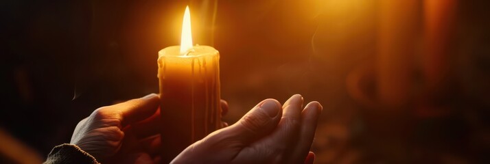 Orthodox christmas tradition with candlelight for peace and reflection. Horizontal banner. Copy space. Orthodox Christmas. Free space for text. Burning candle in hands