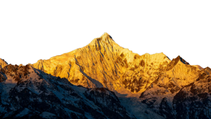 Golden-lit mountain peak at sunrise with snow-covered ridges and rugged terrain