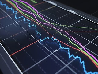 Close up of a financial stock market trading chart with multiple colored lines