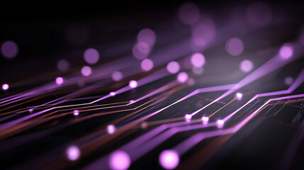 Abstract futuristic technology background with violet neon lines on a black surface, forming a glowing microcircuit grid with bokeh and shadow effects, ideal for tech and digital designs.