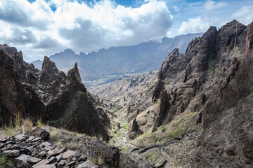 Majestic basalt spires of Forquinhas pass, Santo Antao - Rugged volcanic landscape