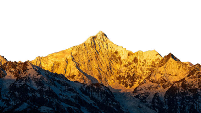 Golden-lit mountain peak at sunrise with snow-covered ridges and rugged terrain