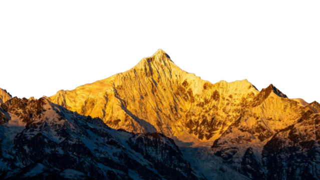 Golden-lit mountain peak at sunrise with snow-covered ridges and rugged terrain