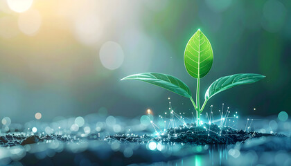 Green plant sprouting from soil with digital effects