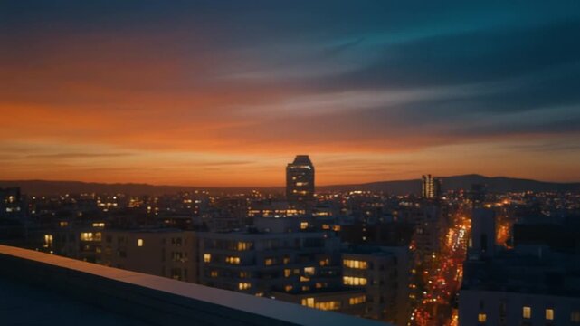 Beautiful city view at sunset or sunrise from the roof of a tall building.&nbsp;The sky was golden orange and dark blue, with the city lights starting to come on on the horizon.&nbsp;Peaceful atmosphere y