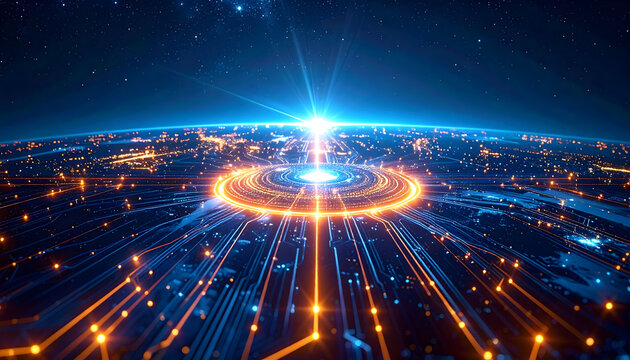 Futuristic digital landscape with glowing lines and stars