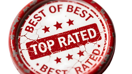 Vintage Top Rated Red Rubber Stamp Macro on Transparent Background - best of best, stars, rating, seal, certified, badge, grunge