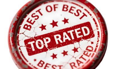 Vintage Top Rated Red Rubber Stamp Macro on Transparent Background - best of best, stars, rating, seal, certified, badge, grunge