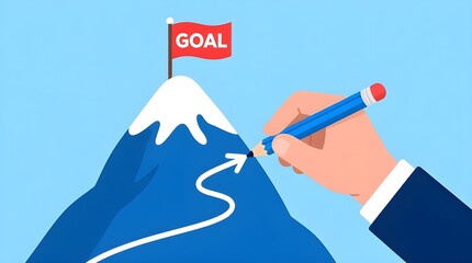 Motivation and Goal Achievement Illustration with Mountain Path and Flag - snowcapped summit,  ambition, success, achievement, concept