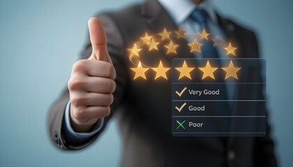 Business Rating Concept with Thumbs Up and Five Star Review - good, tick mark, check, stars, feedback, corporate, evaluation, review