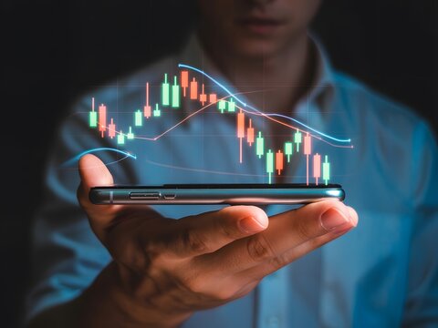 Man holding smartphone displaying a falling stock market graph
