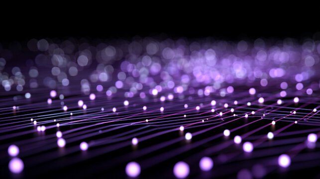 Abstract futuristic technology background with violet neon lines on a black surface, forming a glowing microcircuit grid with bokeh and shadow effects, ideal for tech and digital designs.