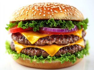 Stacked double cheeseburger with lettuce, tomato, and onion on sesame seed bun