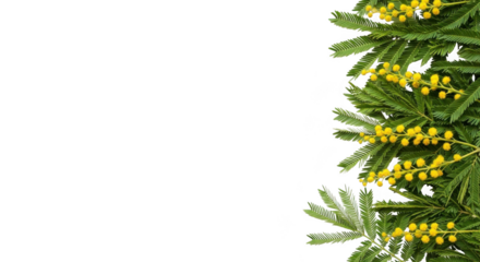 Green mimosa branches with yellow flowers isolated on transparent background