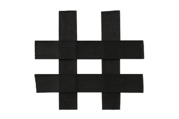 Obraz premium Hashtag social media symbol formed by intersecting strips of black elastic fabric, representing online trends and interaction. Transparent background