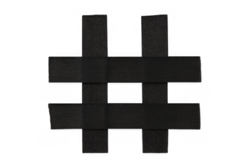 Hashtag social media symbol formed by intersecting strips of black elastic fabric, representing online trends and interaction. Transparent background