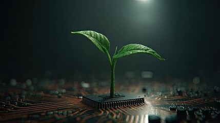 Young green seedling emerges from a central processing unit mounted on a circuit board