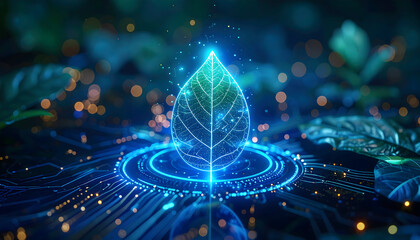 Glowing digital leaf with transparent background