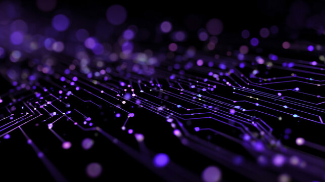Abstract futuristic technology background with violet neon lines on a black surface, forming a glowing microcircuit grid with bokeh and shadow effects, ideal for tech and digital designs.