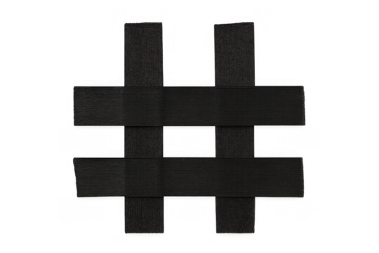 Hashtag social media symbol formed by intersecting strips of black elastic fabric, representing online trends and interaction. Transparent background - Powered by Adobe
