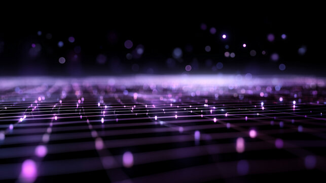 Abstract futuristic technology background with violet neon lines on a black surface, forming a glowing microcircuit grid with bokeh and shadow effects, ideal for tech and digital designs. - Powered by Adobe
