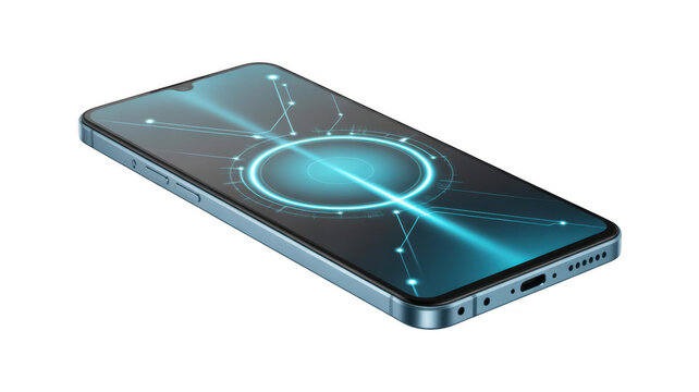 Light blue smartphone with glowing blue digital network graphic on screen isolated on a transparent background