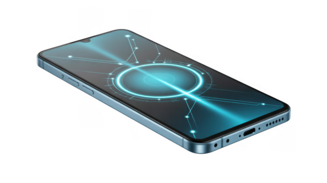 Light blue smartphone with glowing blue digital network graphic on screen isolated on a transparent background
