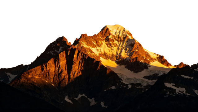 Sunlit mountain peak with rugged cliffs and snow patches at dawn