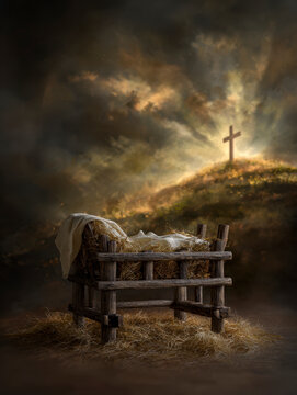 Fototapeta Empty Manger with Cross on the Hill – AI Generative