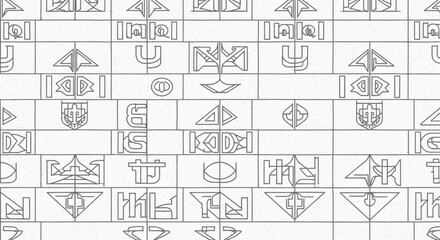 Intricate Line Art Depiction of Geometric Symbols and Patterns in a Repeating Grid