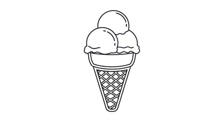 Minimalist Line Drawing of Ice Cream Cone with Scoops for Dessert Illustration