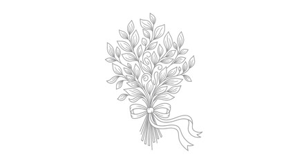Elegant line art depiction of a delicate bouquet of leafy branches tied with a ribbon for