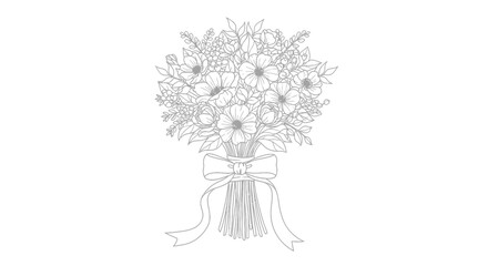 Elegant Line Drawing of a Floral Bouquet with Ribbon for Decorative Art and Greeting Cards