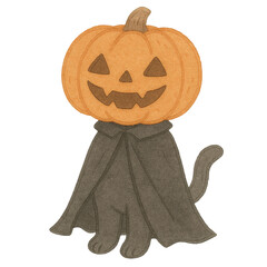 Cute Cat in Halloween Costume with Pumpkin Head and Cloak