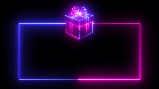 glowing neon gift box frame icon on black background. Neon gift boxes and rectangular frame icon. frame holding gift boxes, perfect for holidays or special occasions. 