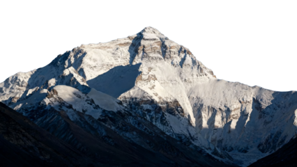 Snow-covered mountain peak with rugged terrain and sharp ridges under clear sky