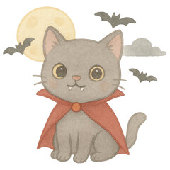 Cute Gray Cat with Cape, Moon and Bats in Spooky Night Scene