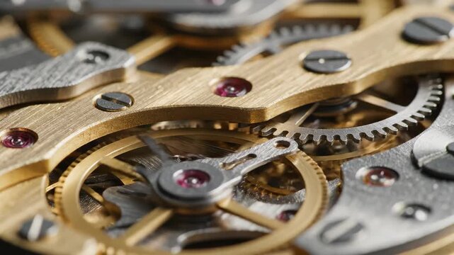 Intricate mechanical watch gears and cogs interlocking with precision and detail