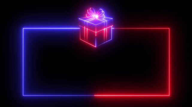 glowing neon gift box frame icon on black background. Neon gift boxes and rectangular frame icon. frame holding gift boxes, perfect for holidays or special occasions. 