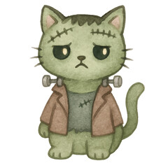 Cute Cartoon Cat with Frankenstein Monster Theme and Expressive Face