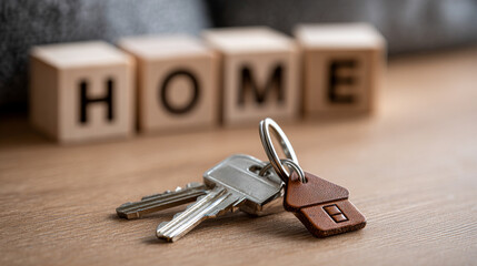 A pair of silver house keys with a brown leather keychain, lying on a light wooden table, with blurred wooden letters spelling "HOME" in house-shaped blocks in the background