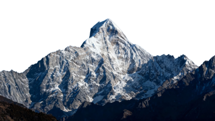 Snow-capped mountain peak with rugged terrain and sharp ridges under clear sky