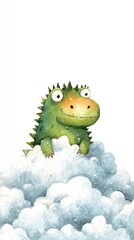 Fototapeta premium A cheerful green dinosaur character peeks out from fluffy clouds, exuding a playful and whimsical vibe.