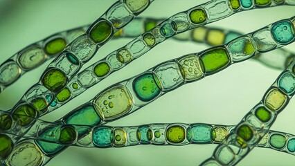 Microscopic view of vibrant green algae cells, showcasing intricate cellular structures and chlorophyll within filamentous strands.